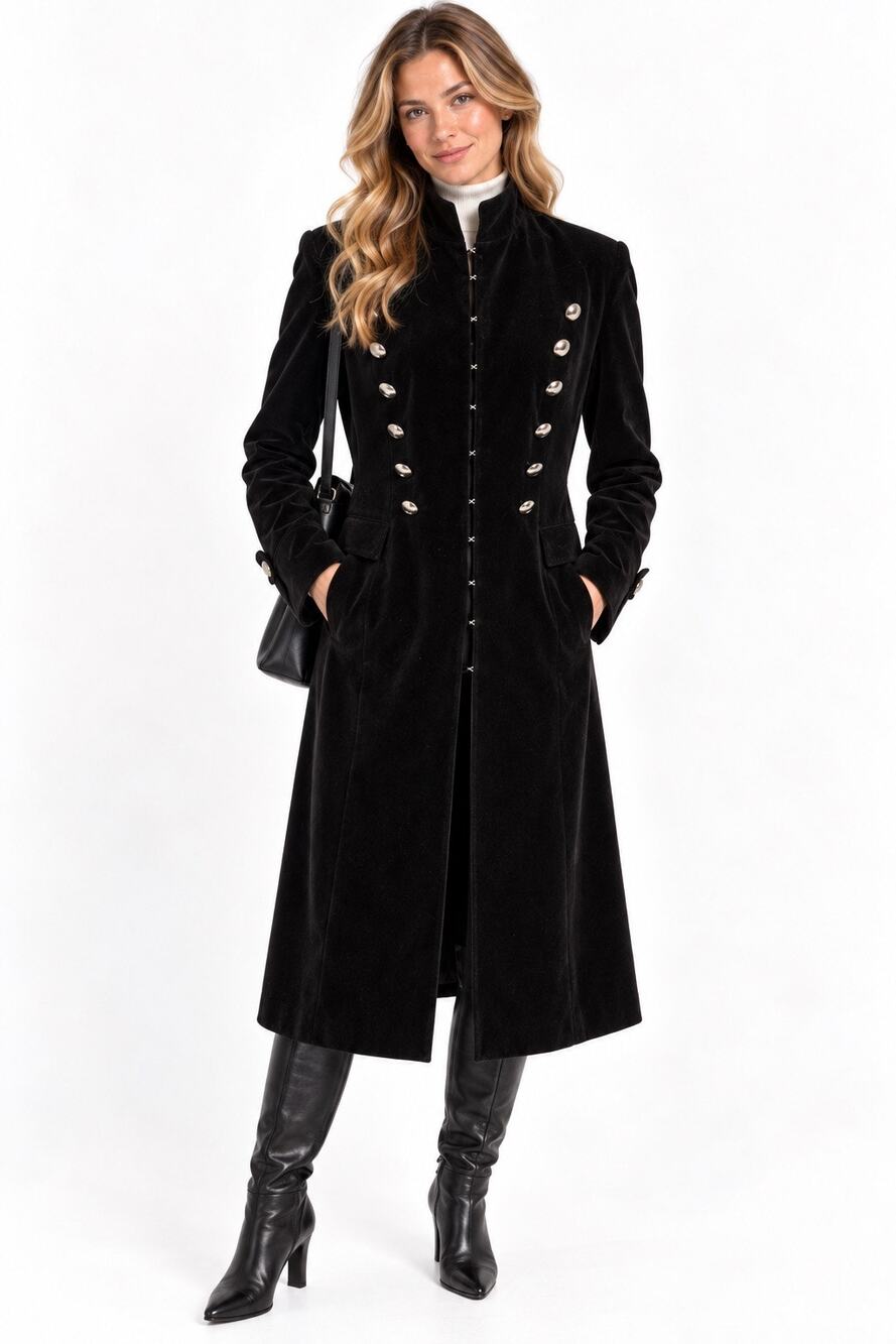 Vintage ‘90s Newport News Black Velvet Victorian Military Style Longline Coat